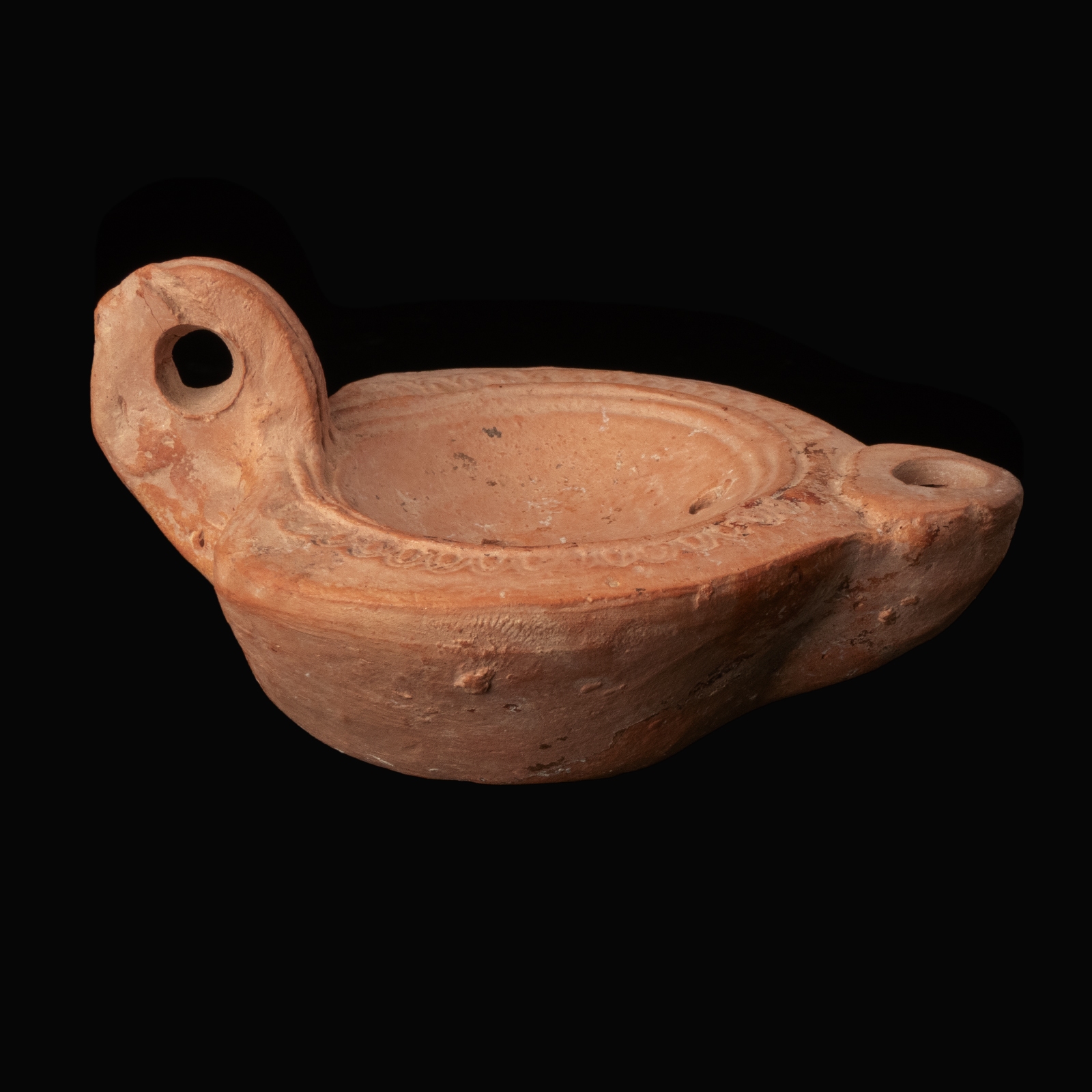 Ancient Roman Terracotta Oil Lamp with Ovolo Decoration
