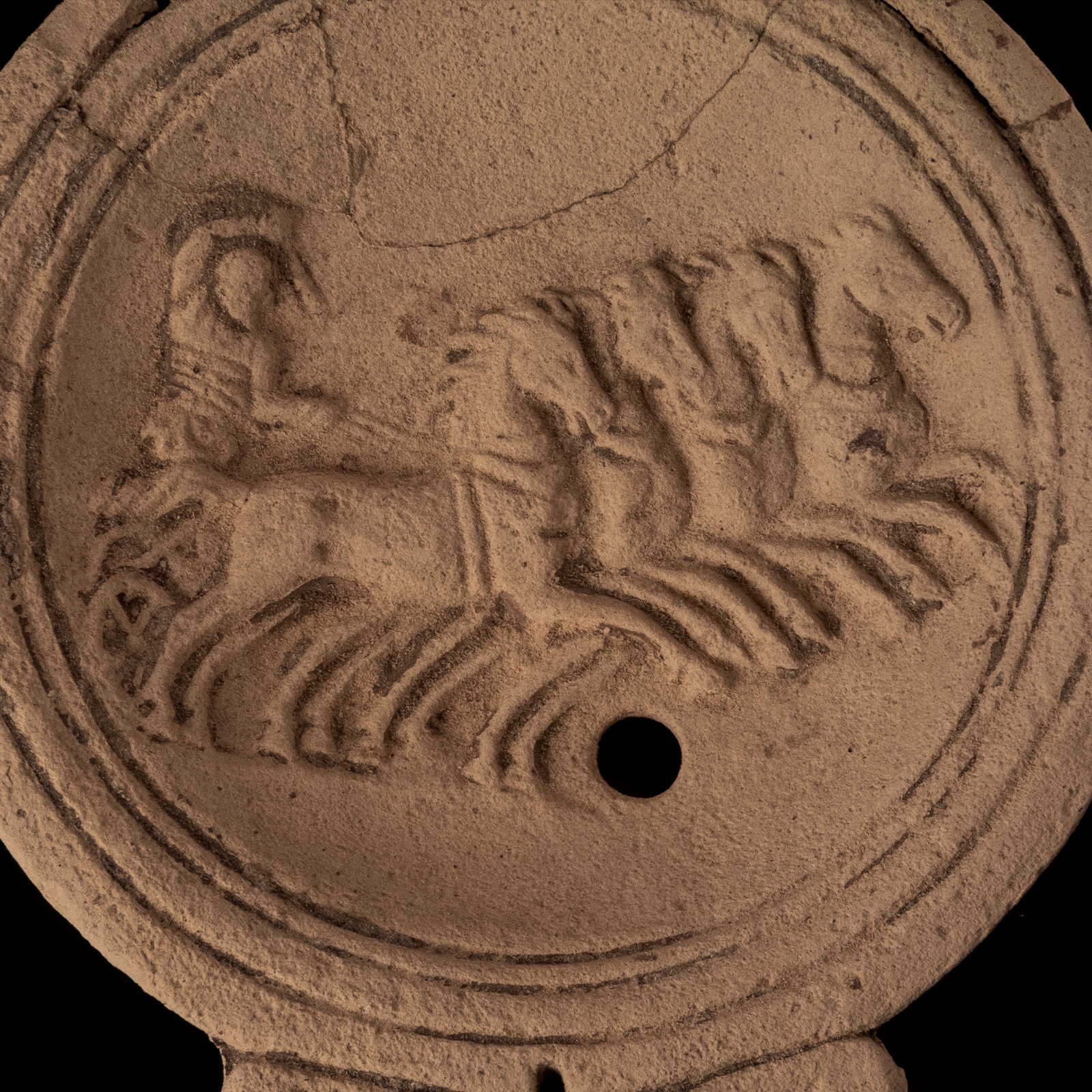 Ancient Roman Terracotta Oil Lamp with Quadriga and Charioteer