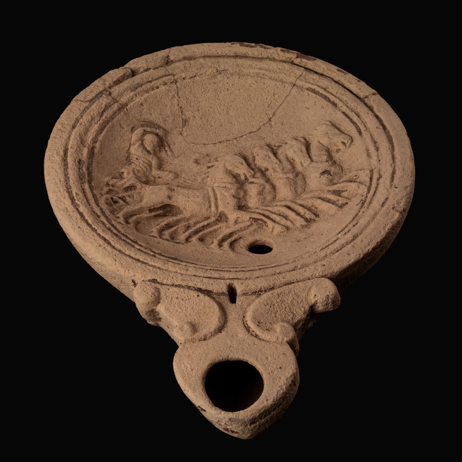 Ancient Roman Terracotta Oil Lamp with Quadriga and Charioteer