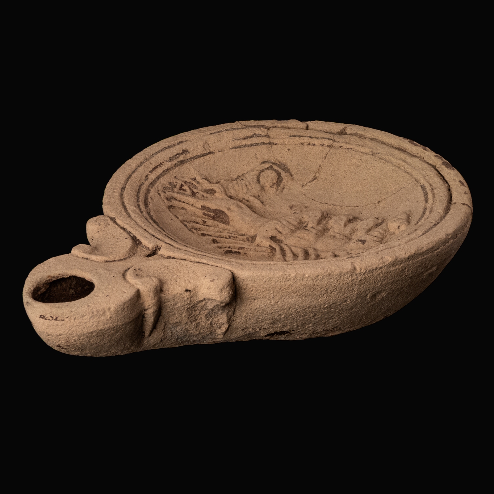 Ancient Roman Terracotta Oil Lamp with Quadriga and Charioteer