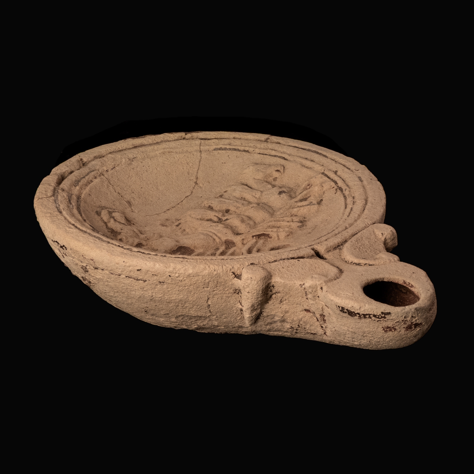 Ancient Roman Terracotta Oil Lamp with Quadriga and Charioteer