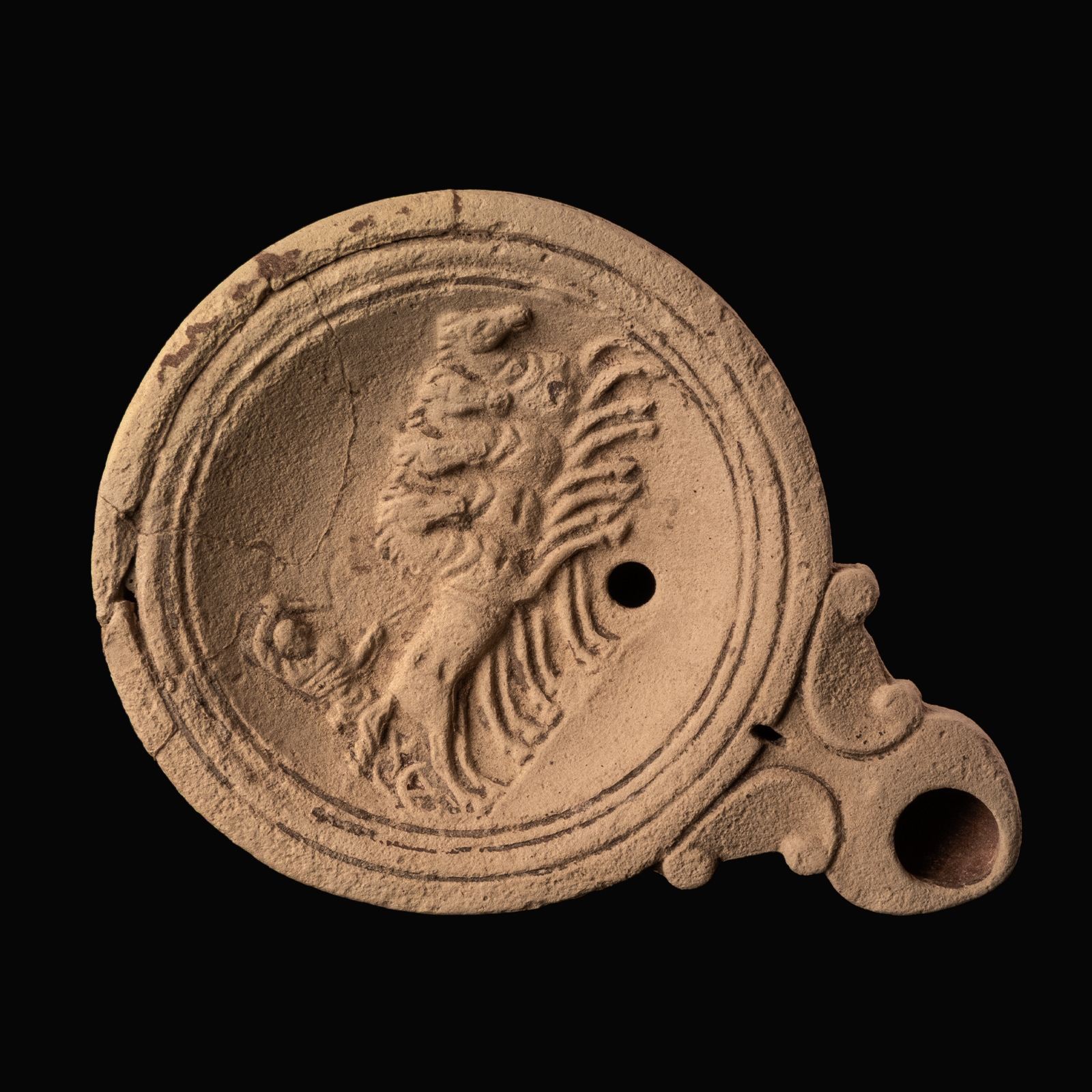 Ancient Roman Terracotta Oil Lamp with Quadriga and Charioteer
