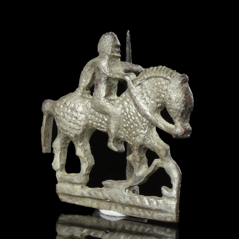 Ancient Roman tinned bronze fibula, mounted rider on horseback