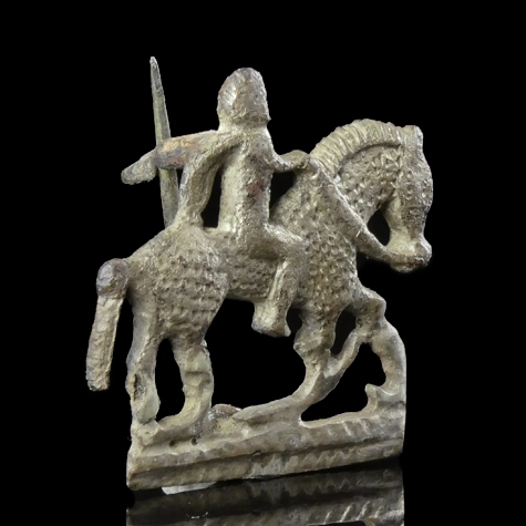 Ancient Roman tinned bronze fibula, mounted rider on horseback