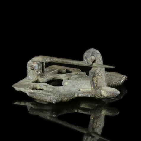Ancient Roman tinned bronze fibula, mounted rider on horseback