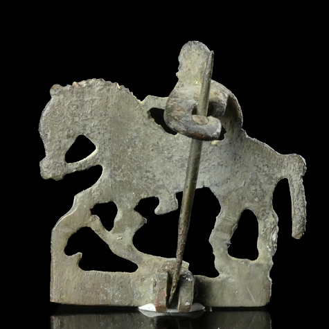 Ancient Roman tinned bronze fibula, mounted rider on horseback