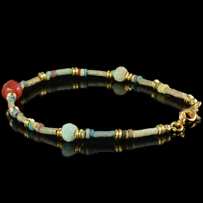Bracelet with ancient Egyptian multicoloured faience and carnelian beads