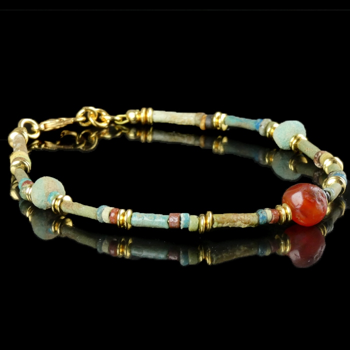 Bracelet with ancient Egyptian multicoloured faience and carnelian beads