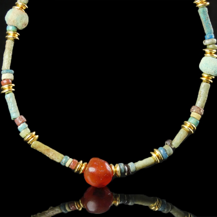 Bracelet with ancient Egyptian multicoloured faience and carnelian beads