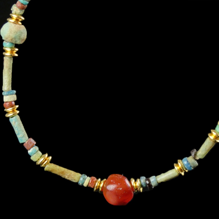 Bracelet with ancient Egyptian multicoloured faience and carnelian beads