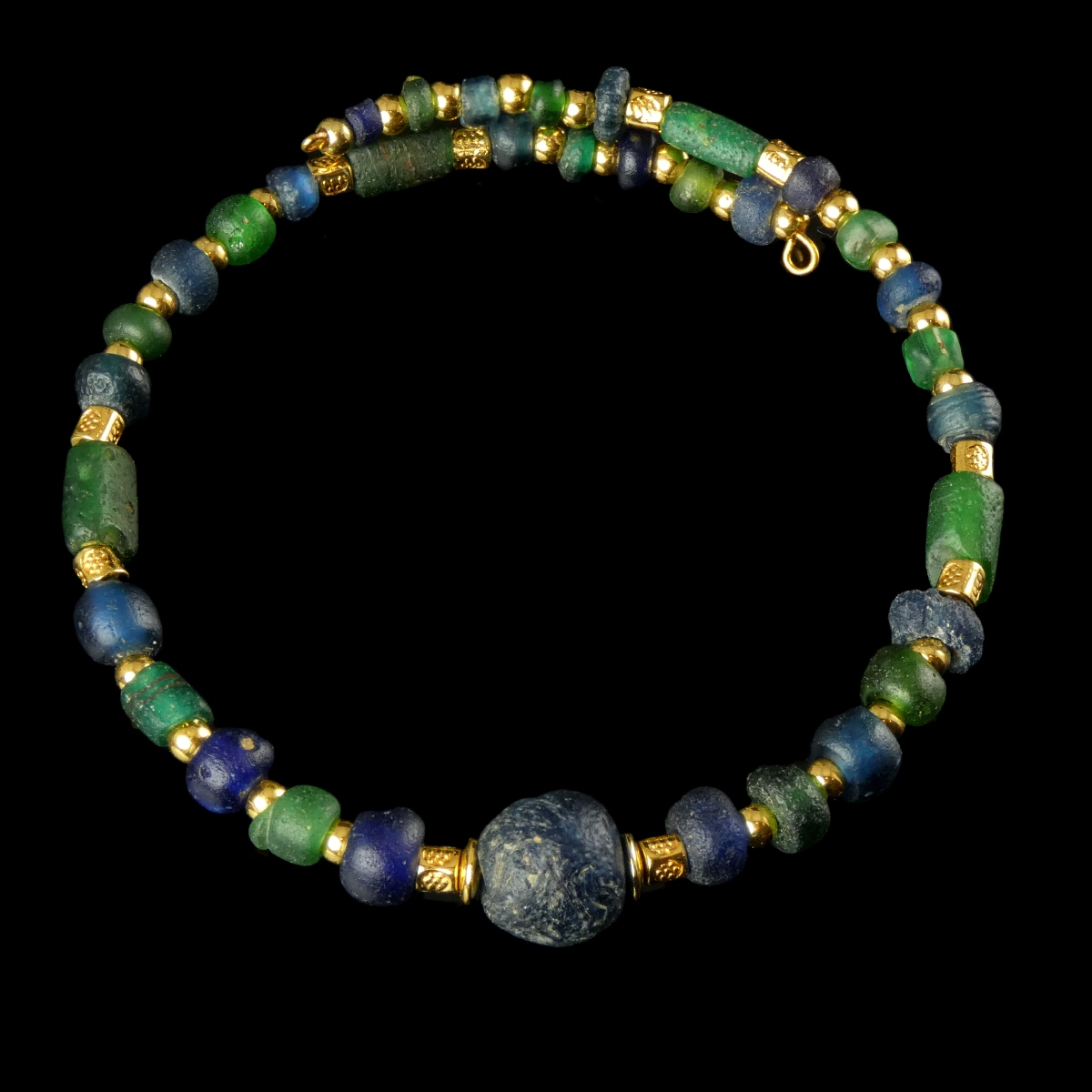Bracelet with Ancient Roman Blue and Green Glass Beads - Flexible Design