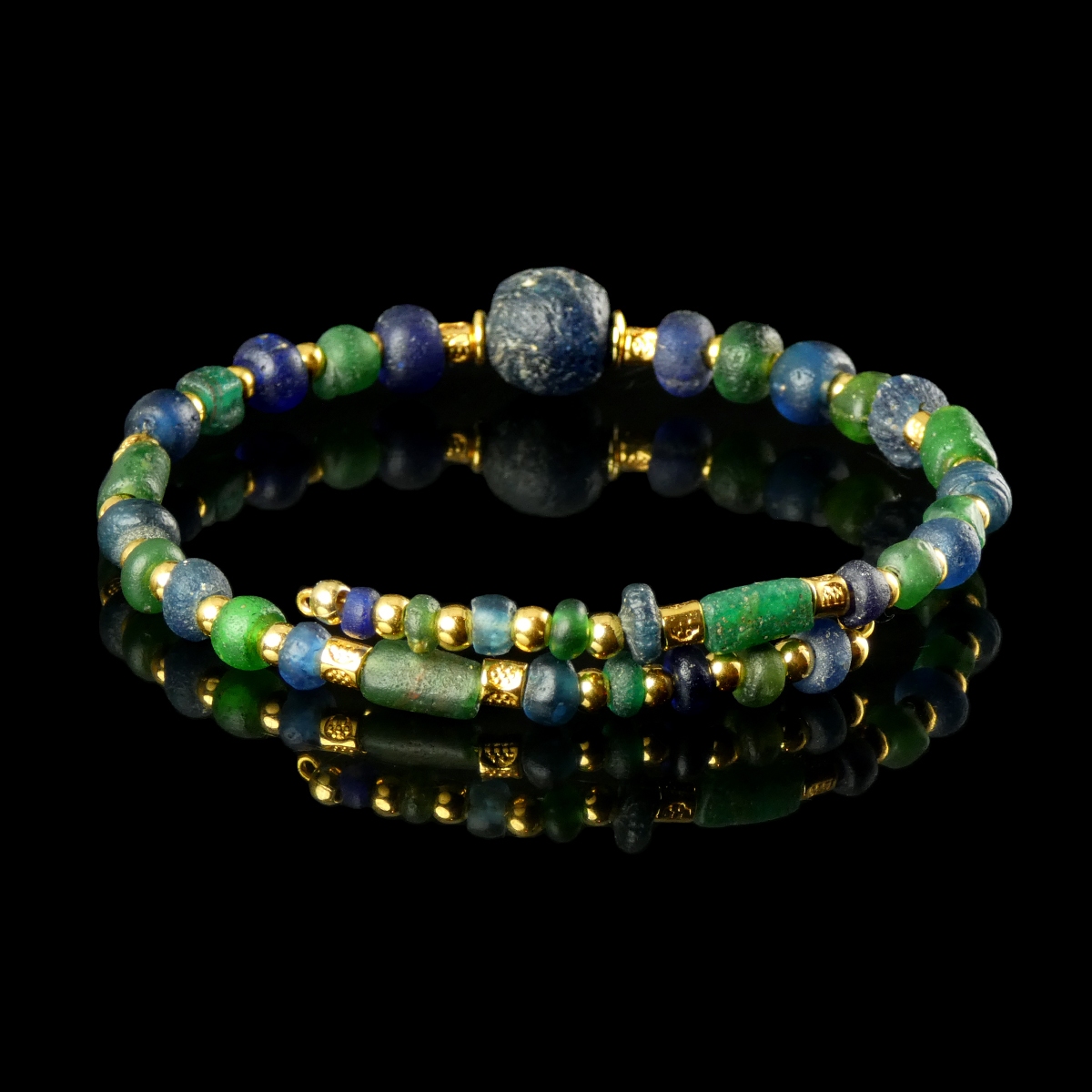 Bracelet with Ancient Roman Blue and Green Glass Beads - Flexible Design