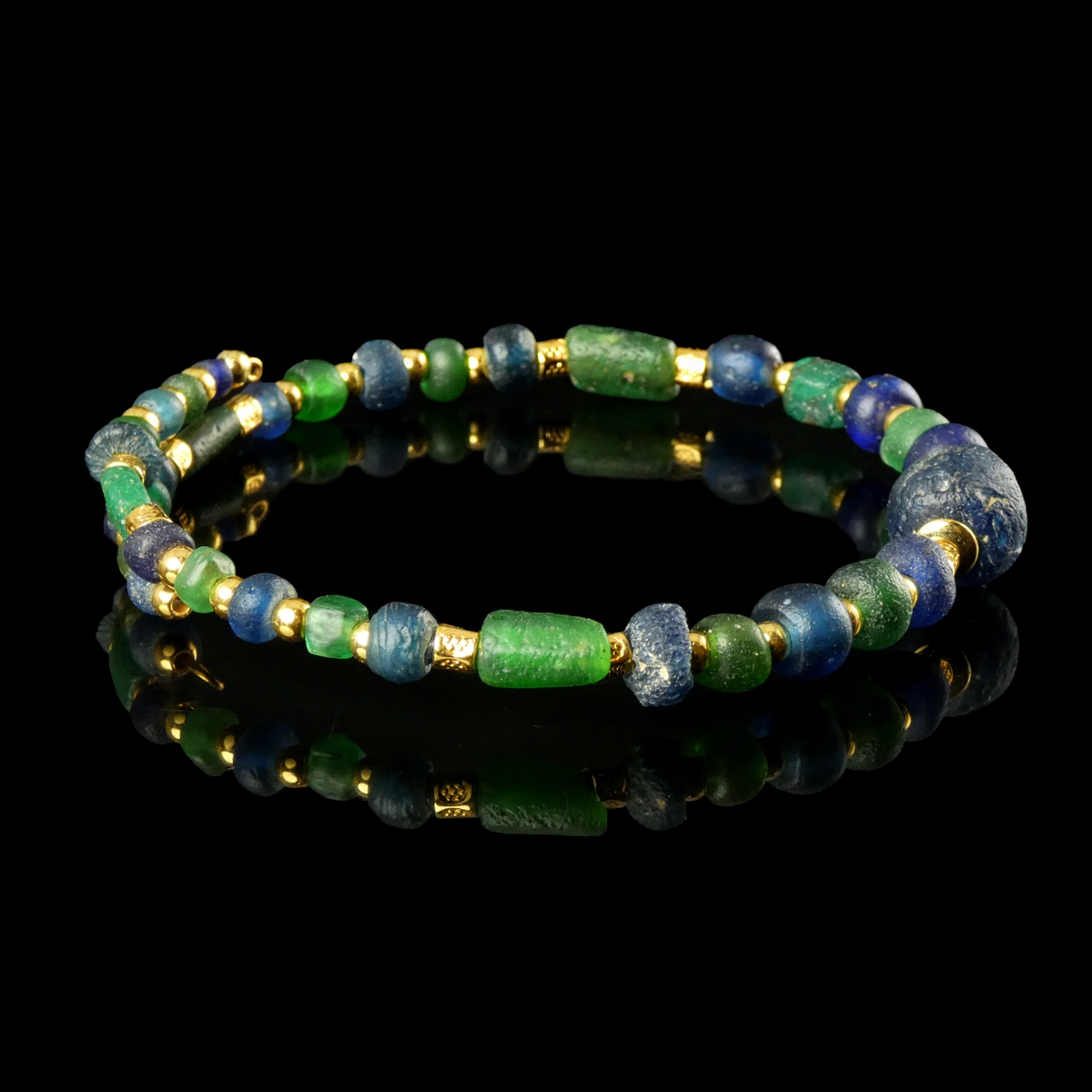 Bracelet with Ancient Roman Blue and Green Glass Beads - Flexible Design
