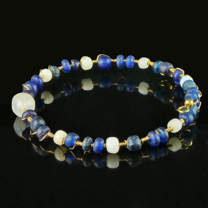 Bracelet with Ancient Roman Blue and White Glass Beads - Flexible Design