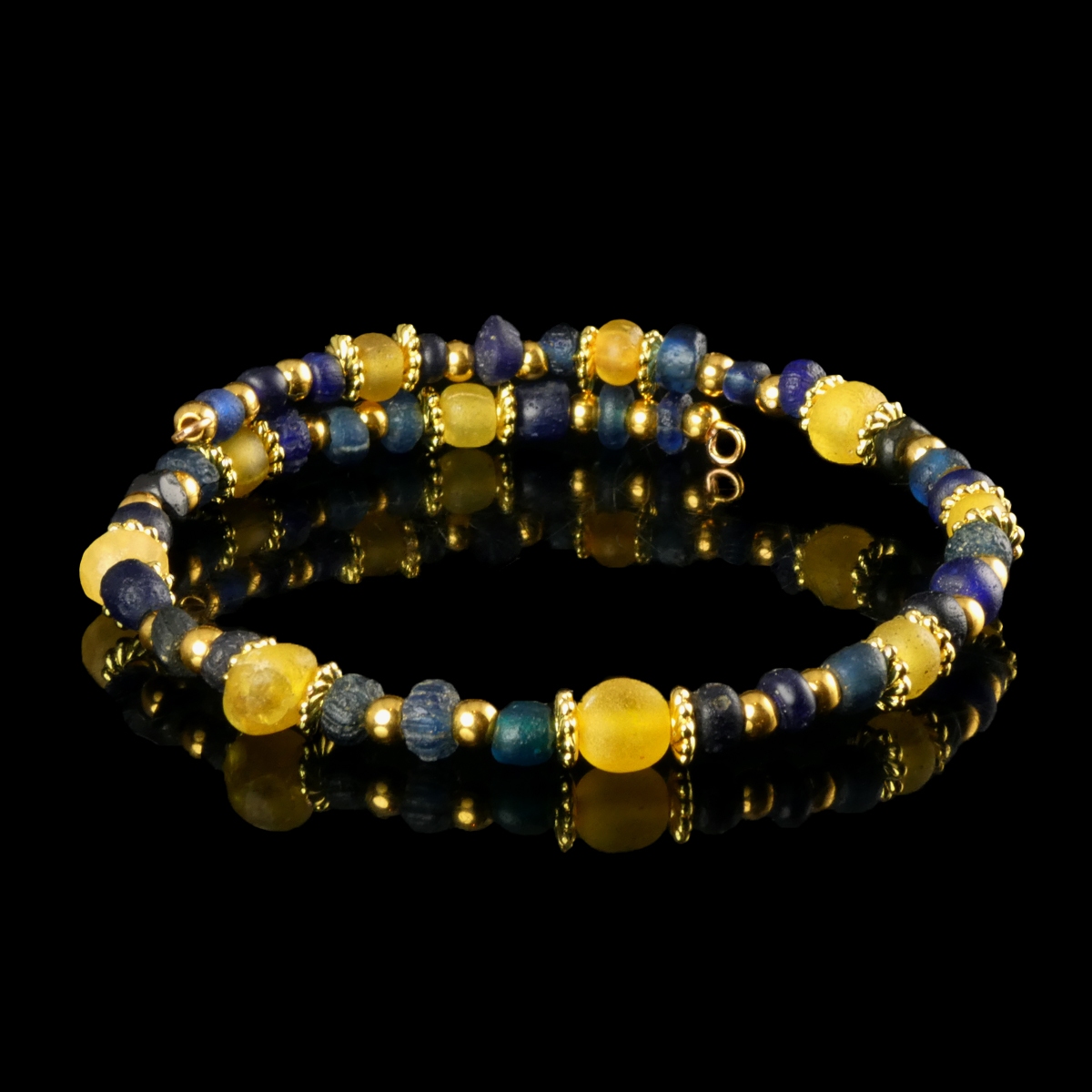 Bracelet with Ancient Roman Blue and Yellow Glass Beads - Flexible Design
