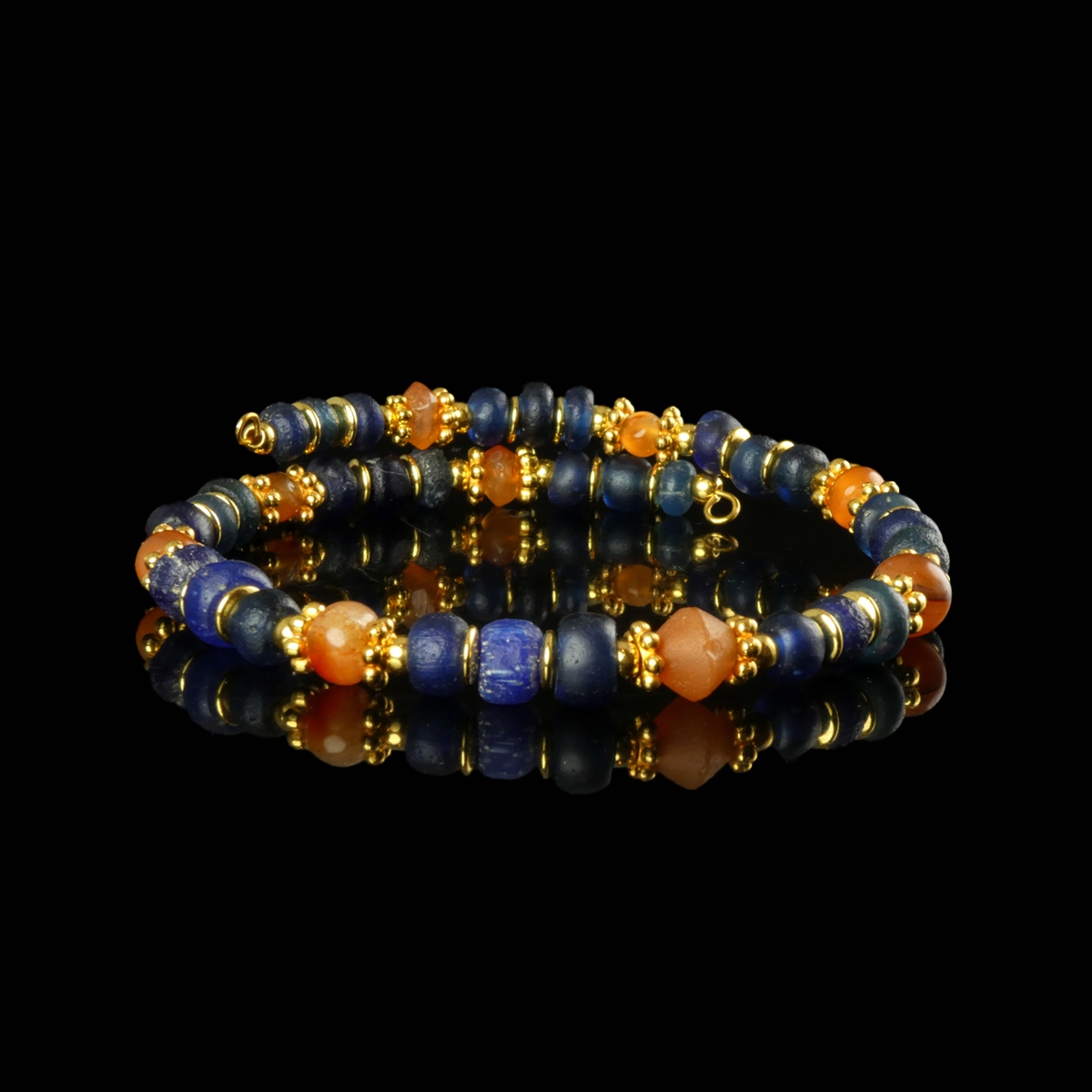 Bracelet with Ancient Roman Blue Glass and Carnelian Beads - Flexible Design