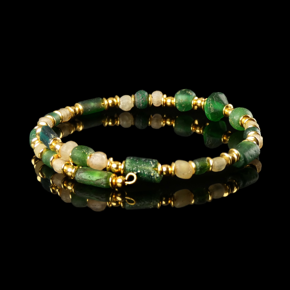 Bracelet with Ancient Roman Green and Semi-Translucent Glass Beads - Fexible Design