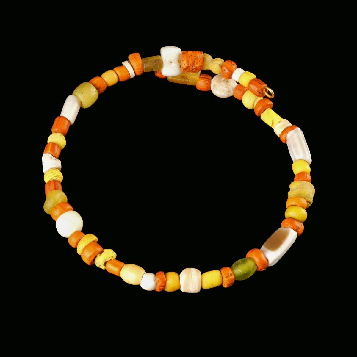 Bracelet with Ancient Roman Orange and Yellow Glass Beads and Shell Beads - Flexible Design
