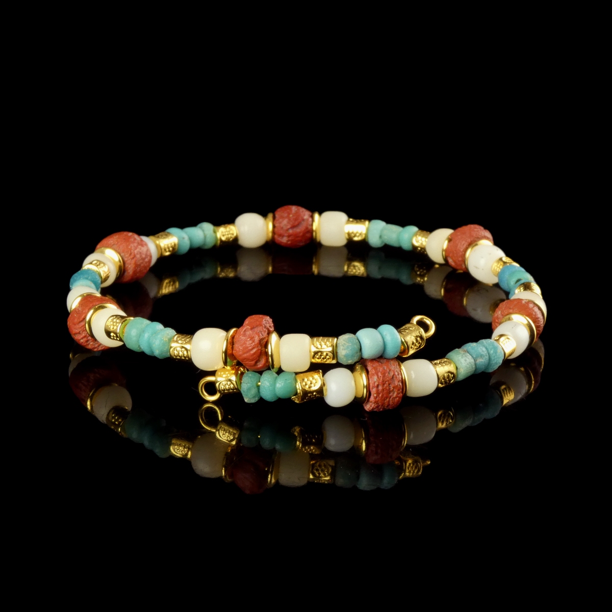 Bracelet with Ancient Roman Red, White and Turquoise Glass Beads - Flexible Design