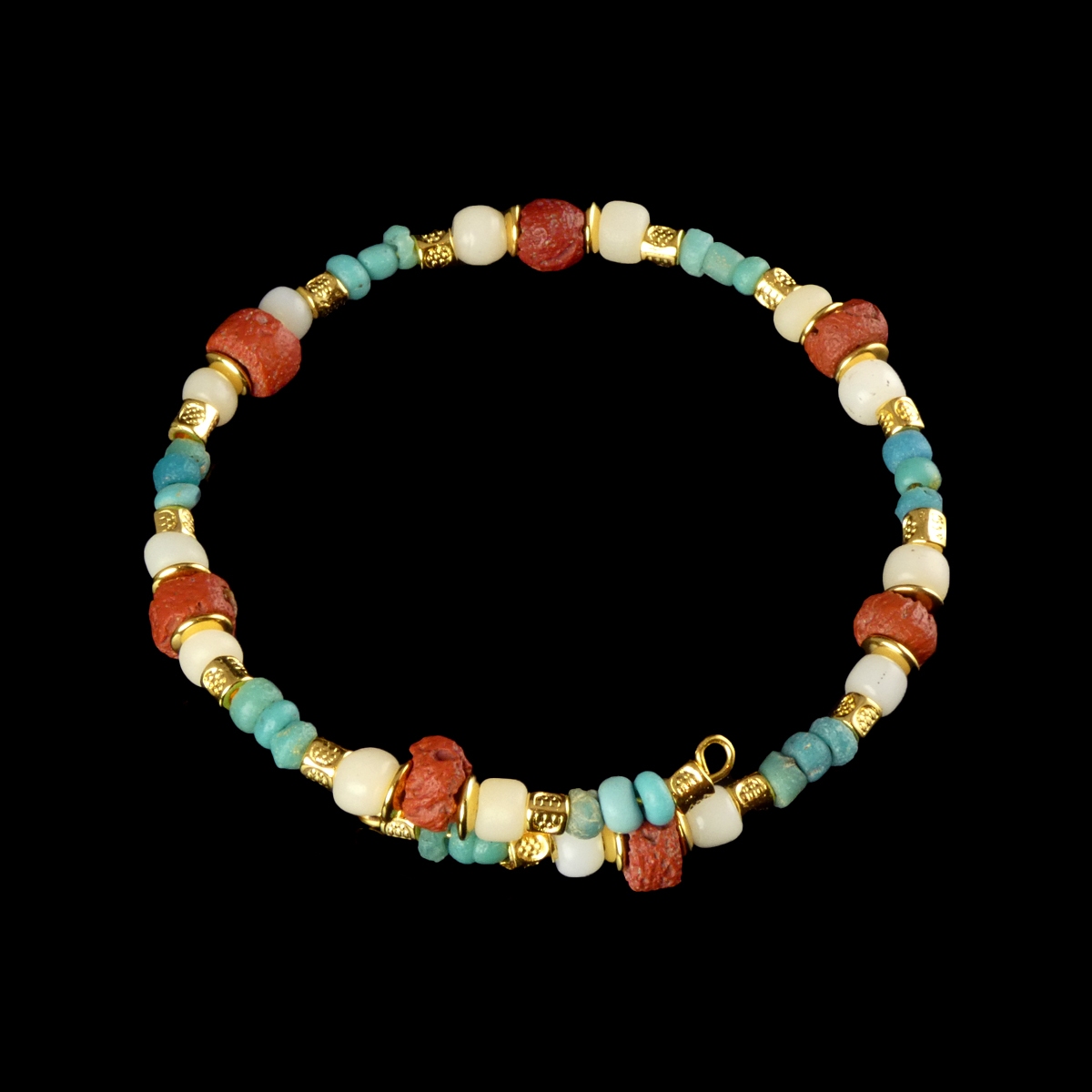 Bracelet with Ancient Roman Red, White and Turquoise Glass Beads - Flexible Design