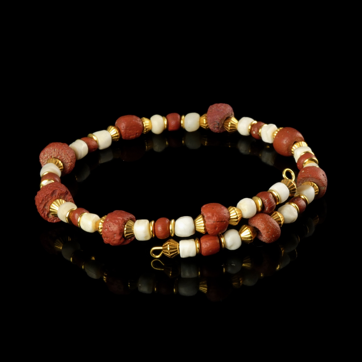 Bracelet with Ancient Roman Red Glass and Ancient Shell Beads - Flexible Design