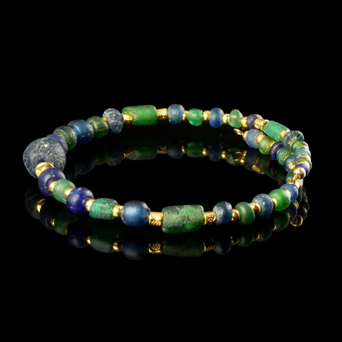 Bracelet with Roman Blue and Green Glass Beads - Flexible Design