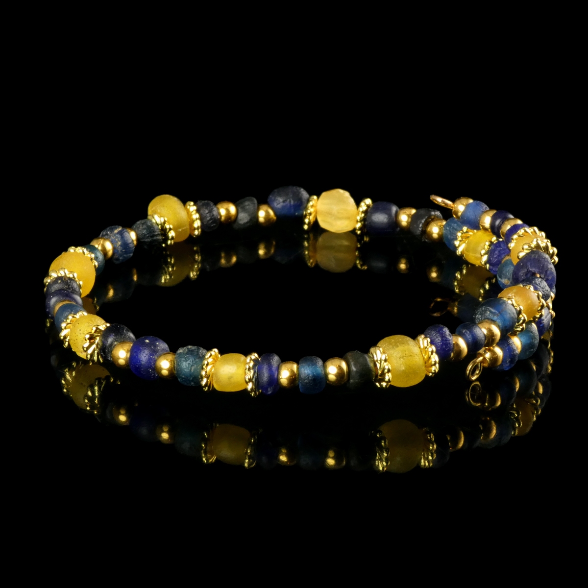 Bracelet with Roman Blue and Yellow Glass Beads - Flexible Design