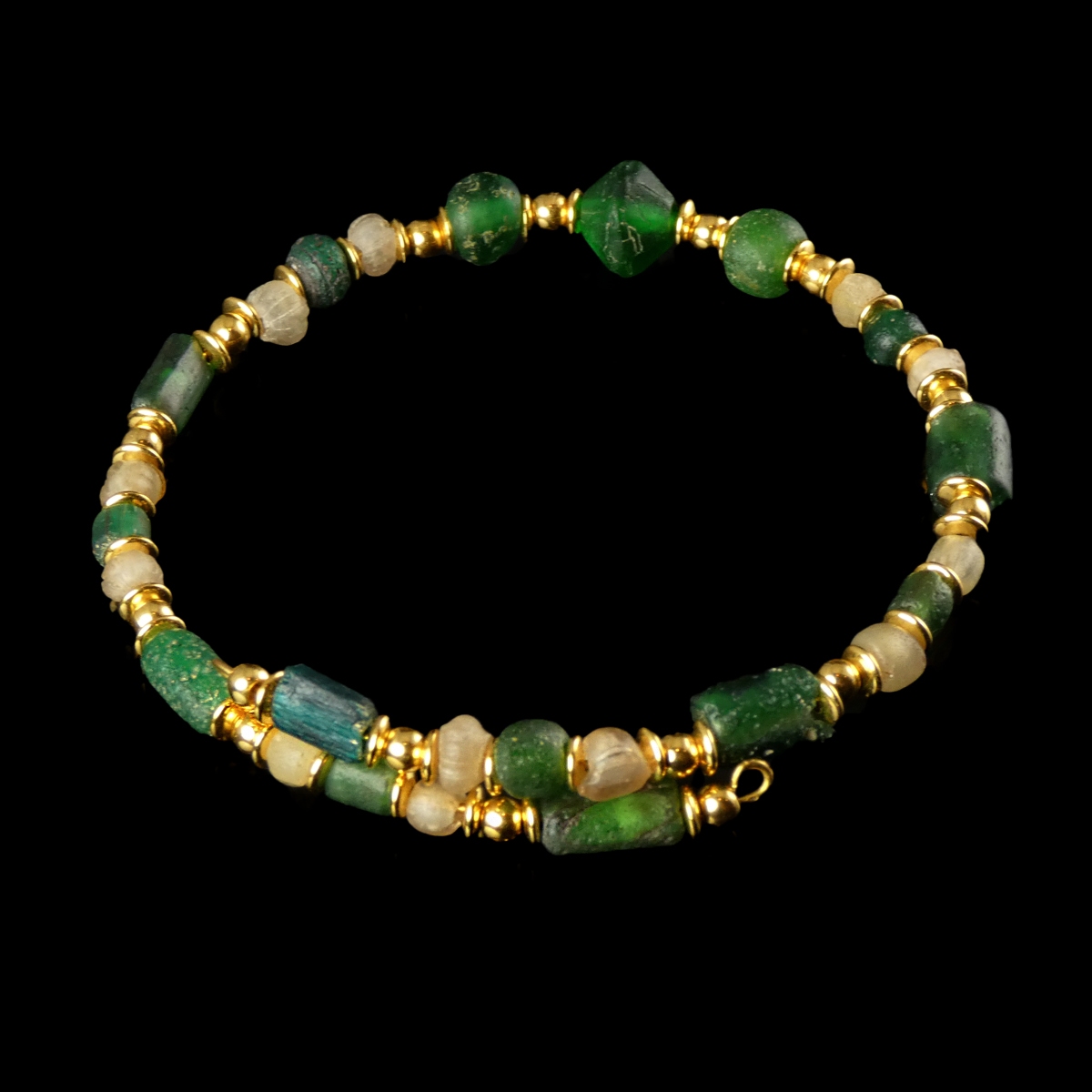 Bracelet with Roman Green and Semi-Translucent Glass Beads in a Fexible Design