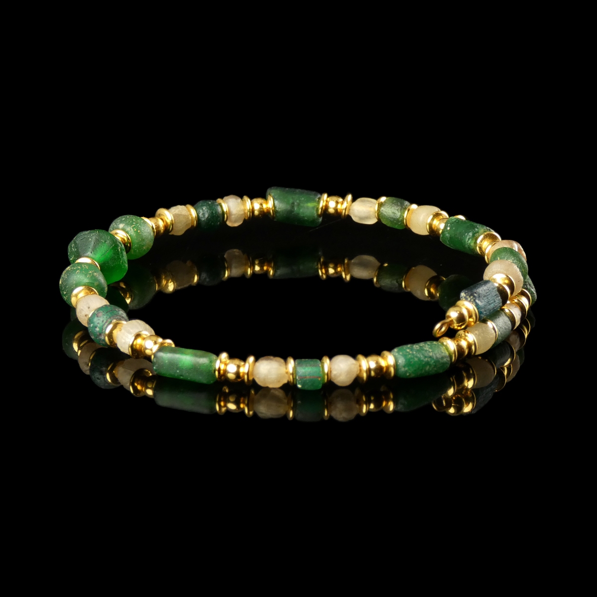 Bracelet with Roman Green and Semi-Translucent Glass Beads in a Fexible Design