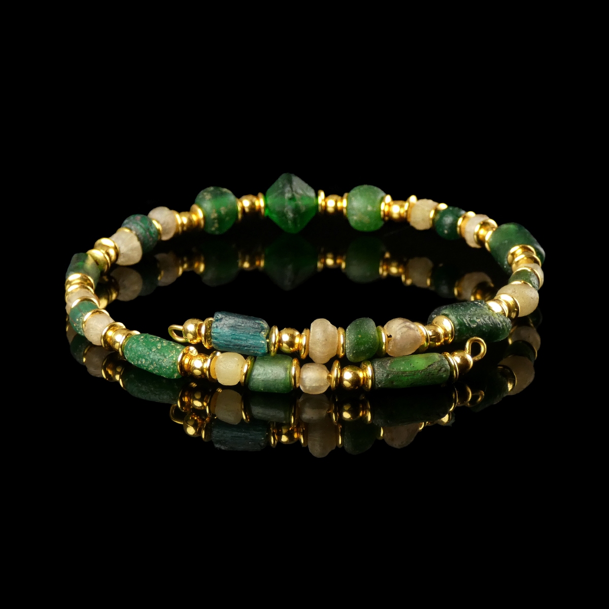 Bracelet with Roman Green and Semi-Translucent Glass Beads in a Fexible Design