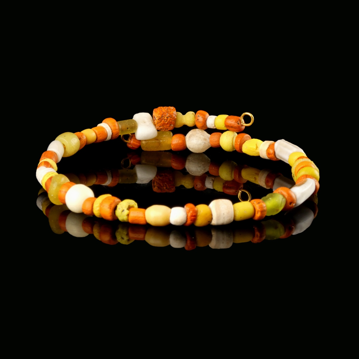 Bracelet with Roman Orange, Yellow Glass and Shell Beads - Flexible Design