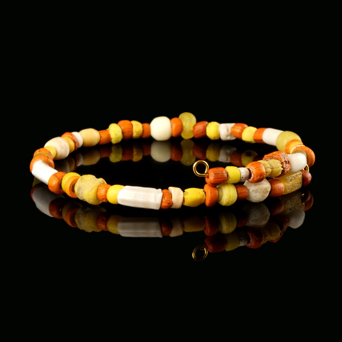 Bracelet with Roman Orange, Yellow Glass and Shell Beads - Flexible Design