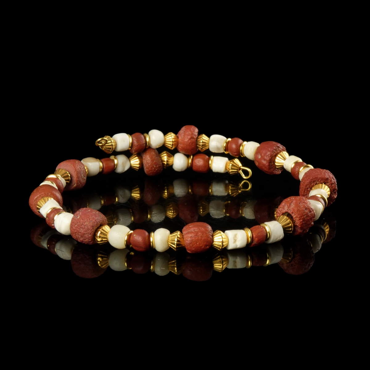 Bracelet with Roman Red Glass and Ancient Shell Beads - Flexible Design