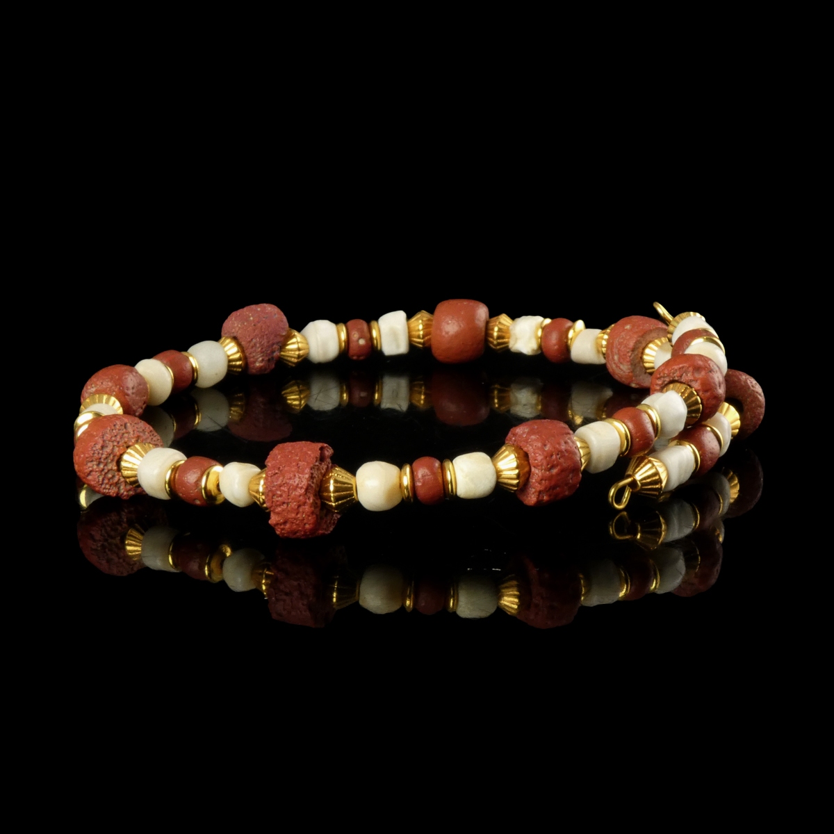 Bracelet with Roman Red Glass and Ancient Shell Beads - Flexible Design