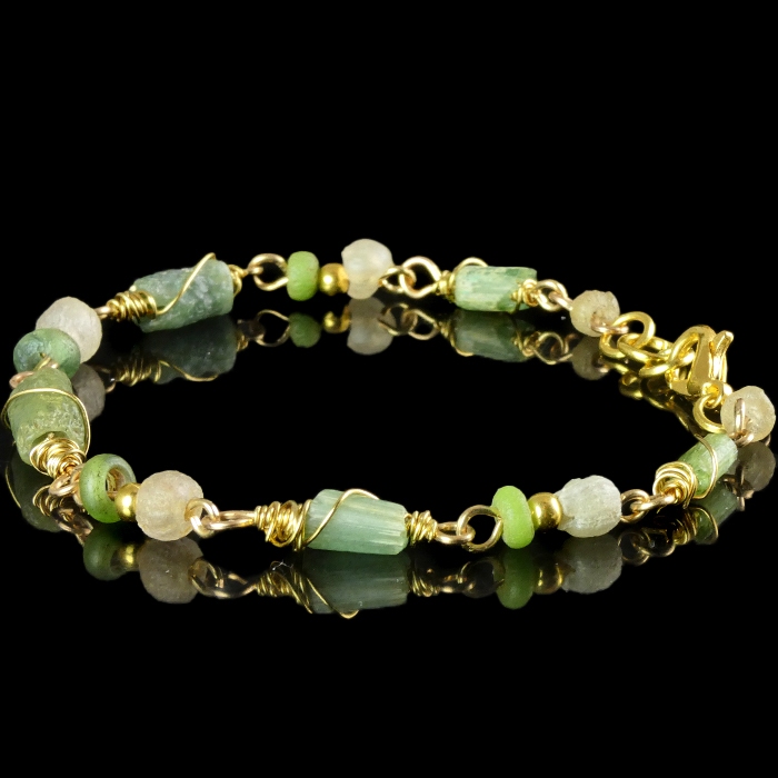 Bracelet with Roman Wire-wrapped Green Glass Beads - Linked Design