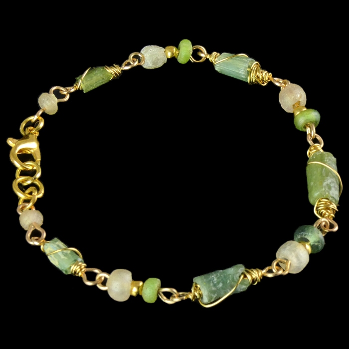 Bracelet with Roman Wire-wrapped Green Glass Beads - Linked Design