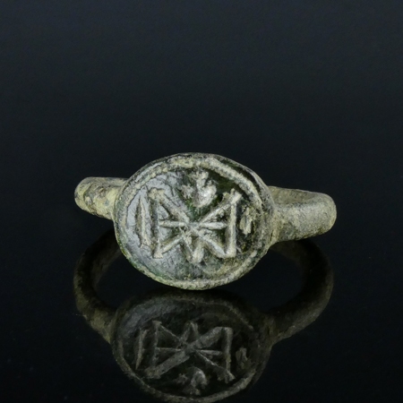 Byzantine bronze ring with monogram and cross