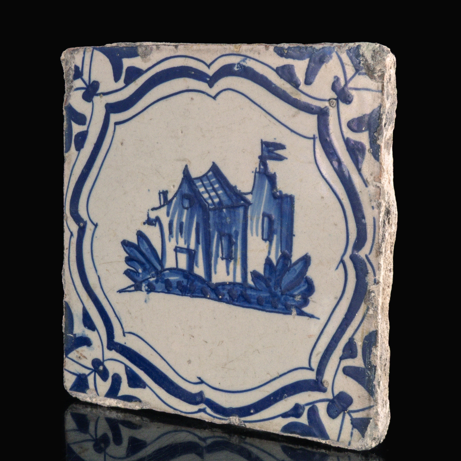 Dutch Delft Blue and White Tile with a Castle or Fortress