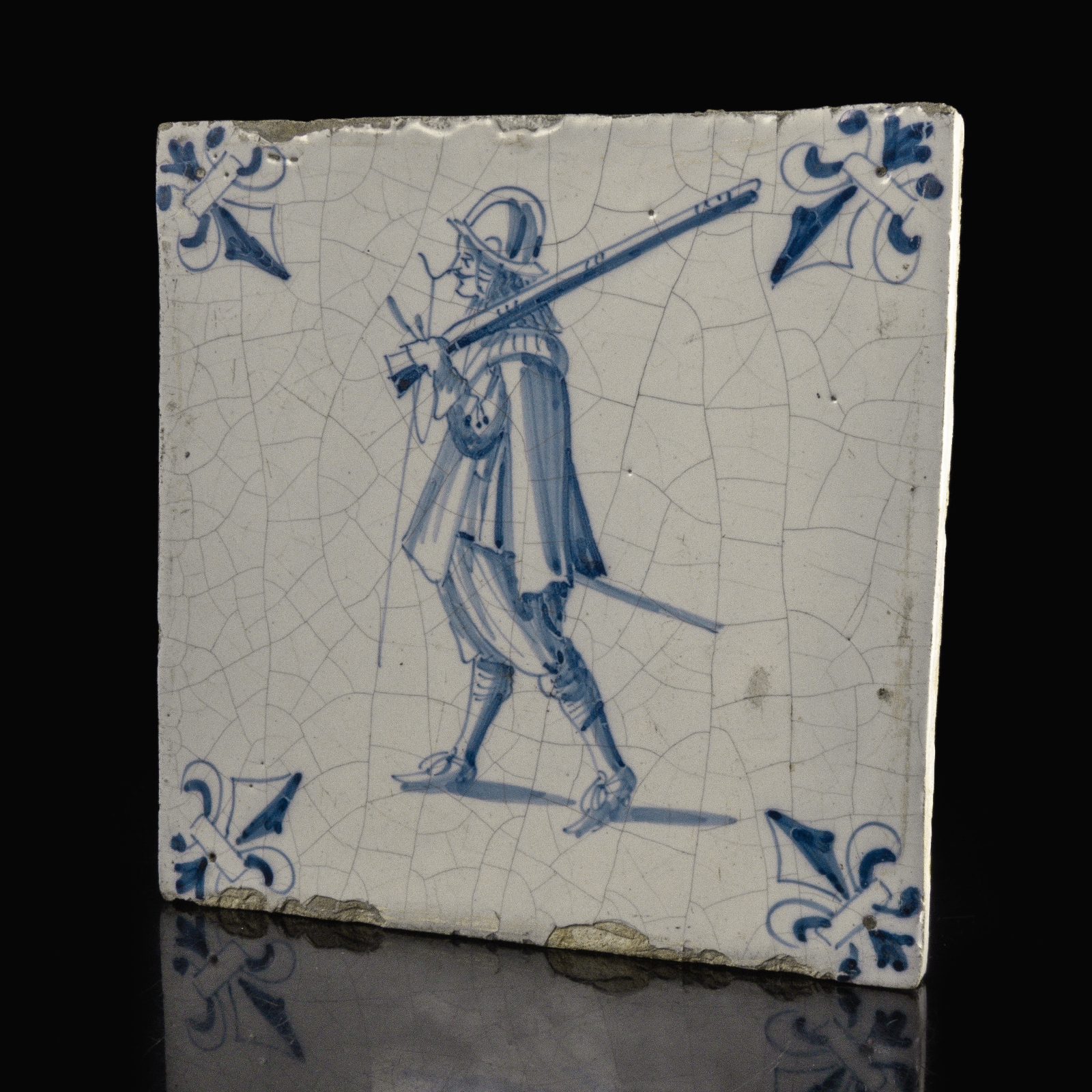 Dutch Delft Blue and White Tile with a Musketeer