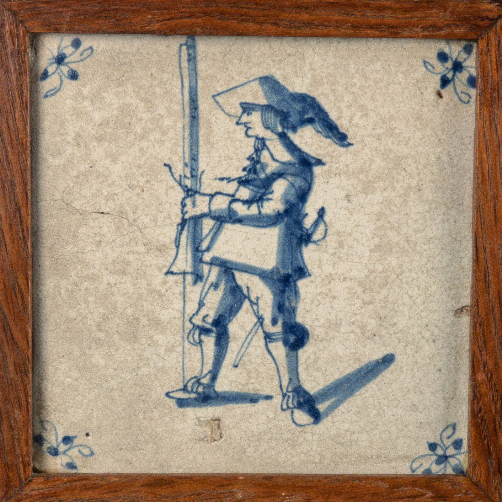 Dutch Delft Blue and White Tile with a Musketeer