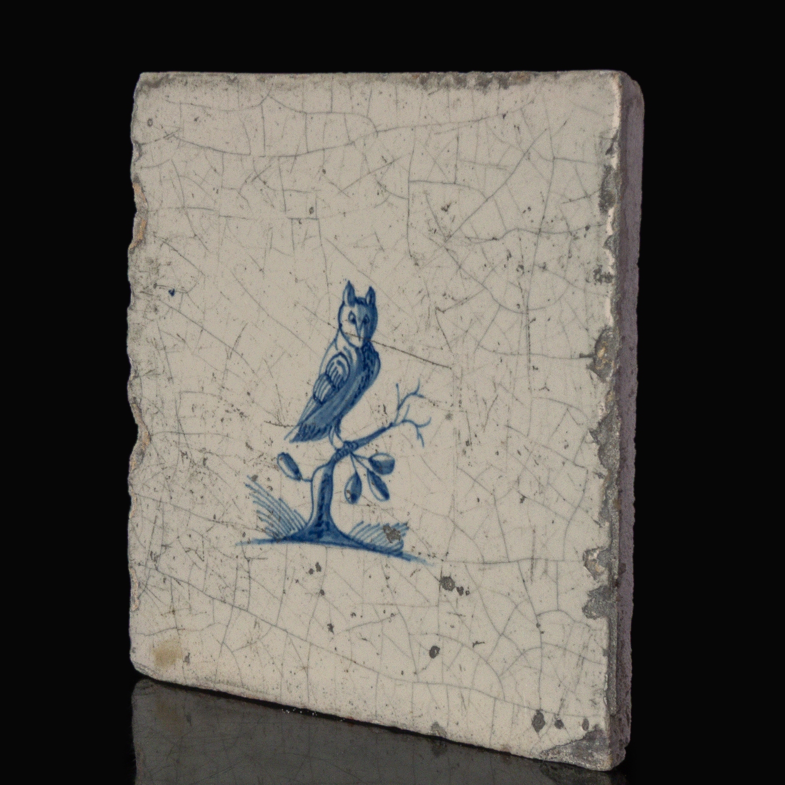 Dutch Delft blue and white tile with an Owl on a branch
