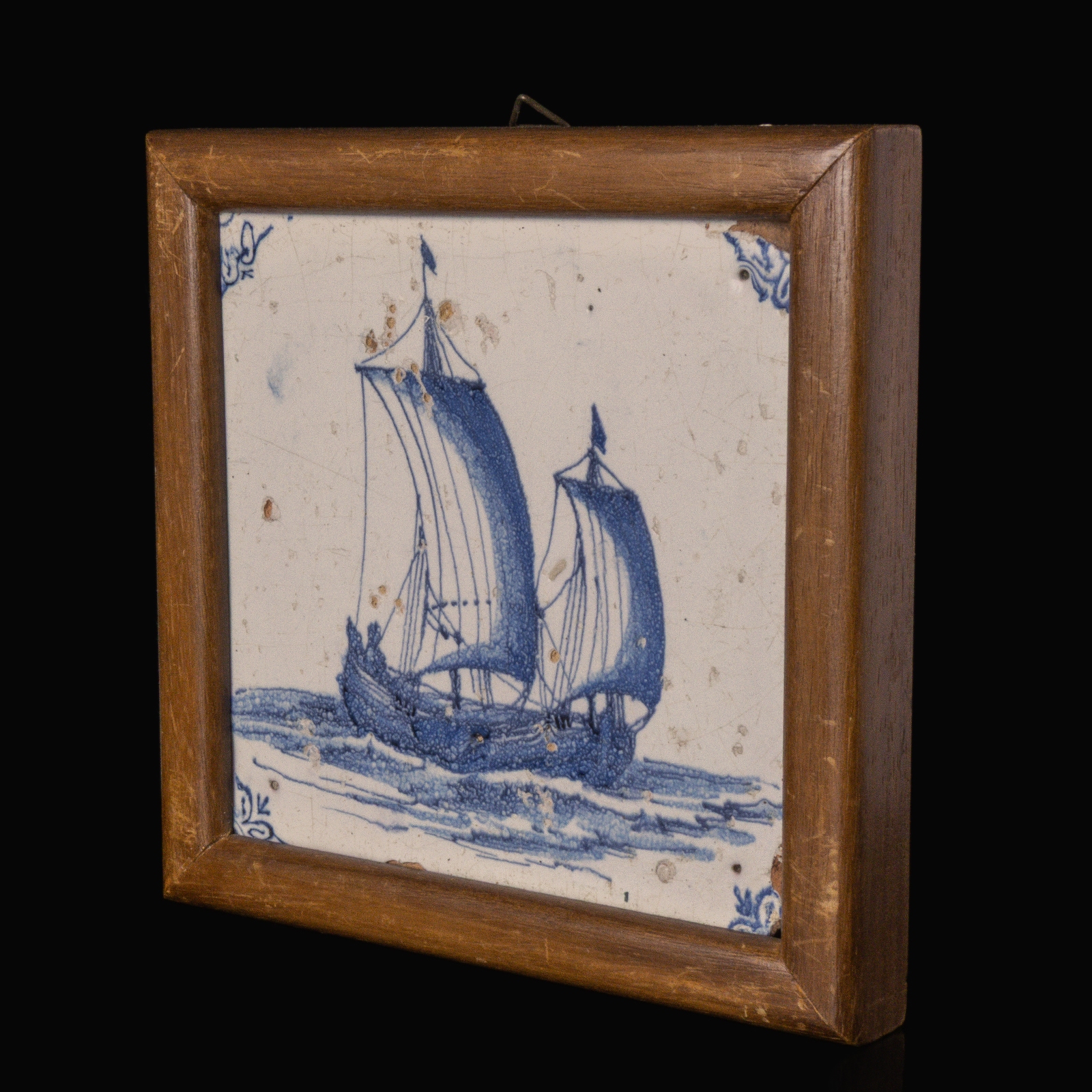 Dutch Delft blue and white tile with Sailing ship, framed