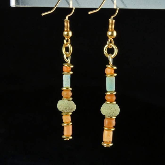 Earrings with ancient Egyptian faience and coral beads