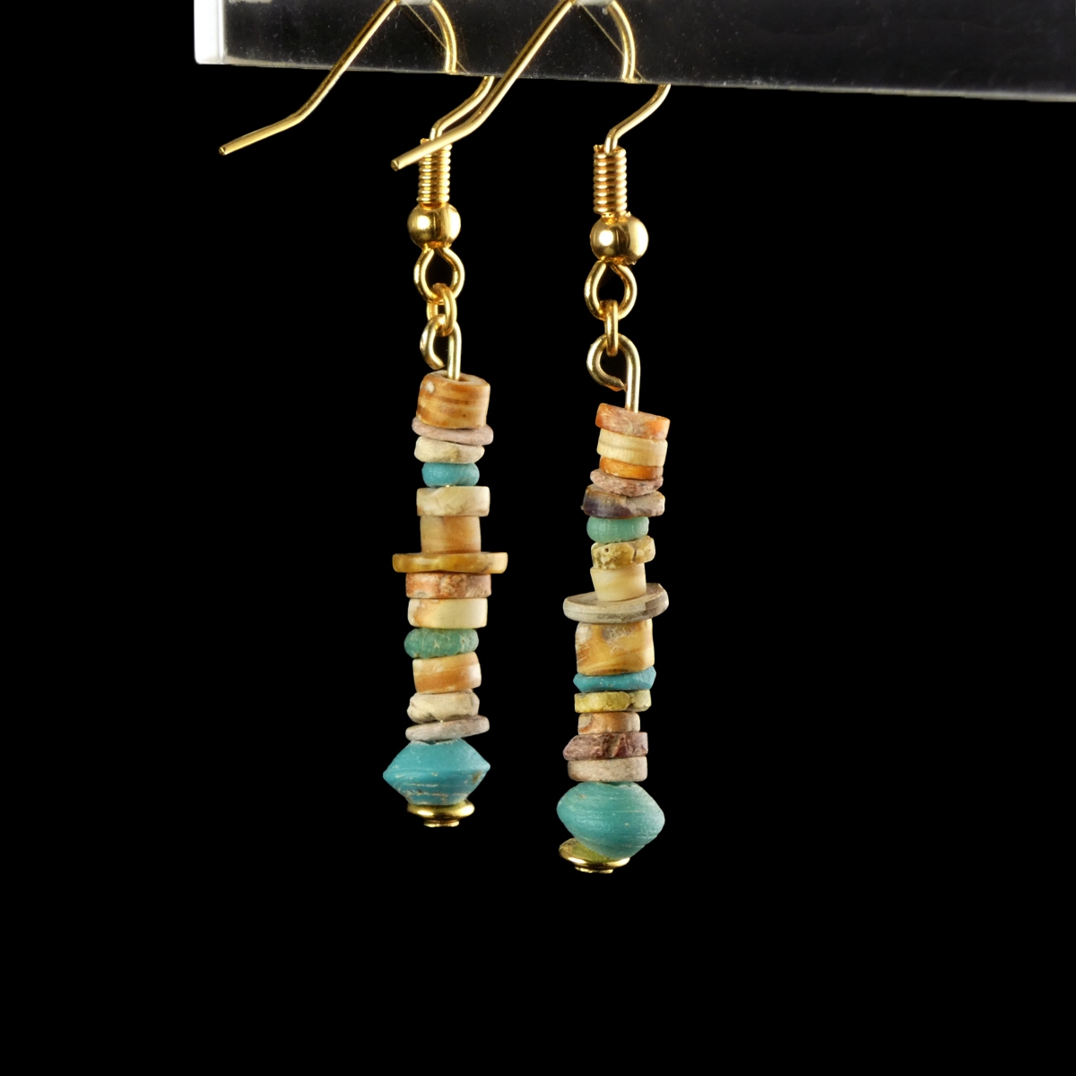 Earrings with ancient Egyptian multicoloured faience and glass beads