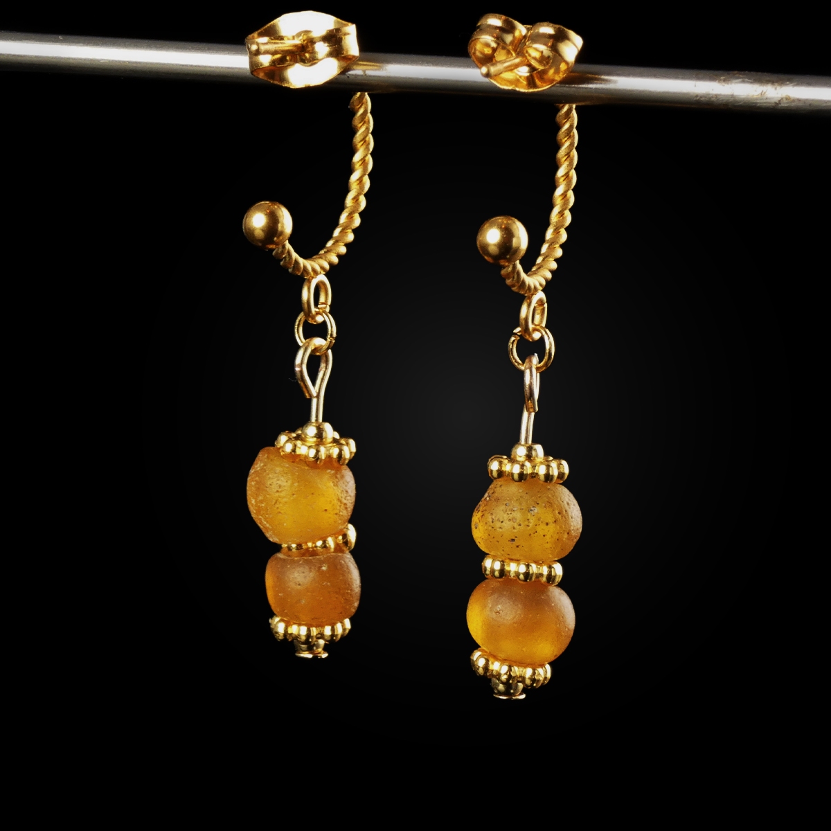 Earrings with Ancient Roman Amber Colour Glass Beads