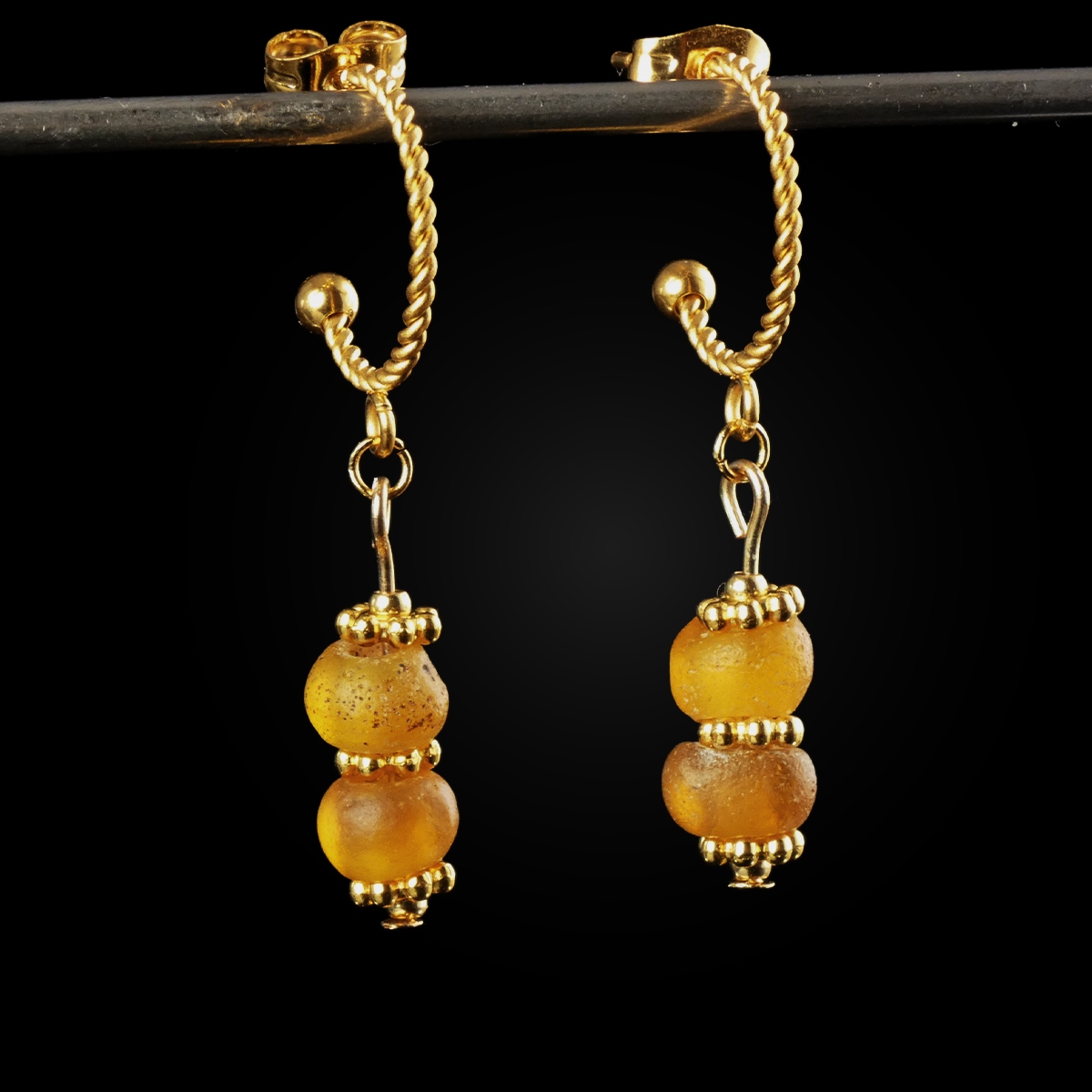 Earrings with Ancient Roman Amber Colour Glass Beads