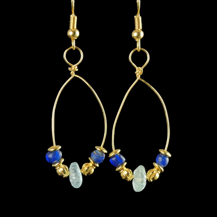 Earrings with Ancient Roman Blue Glass and Crystal Melon Beads