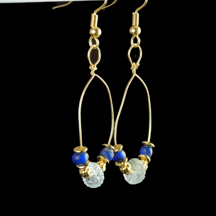 Earrings with Ancient Roman Blue Glass and Crystal Melon Beads