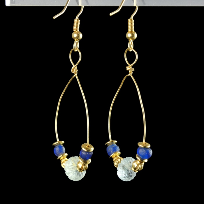 Earrings with Ancient Roman Blue Glass and Crystal Melon Beads