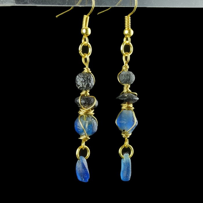 Earrings with Ancient Roman Blue Glass Beads - Wire-Wrapped Design